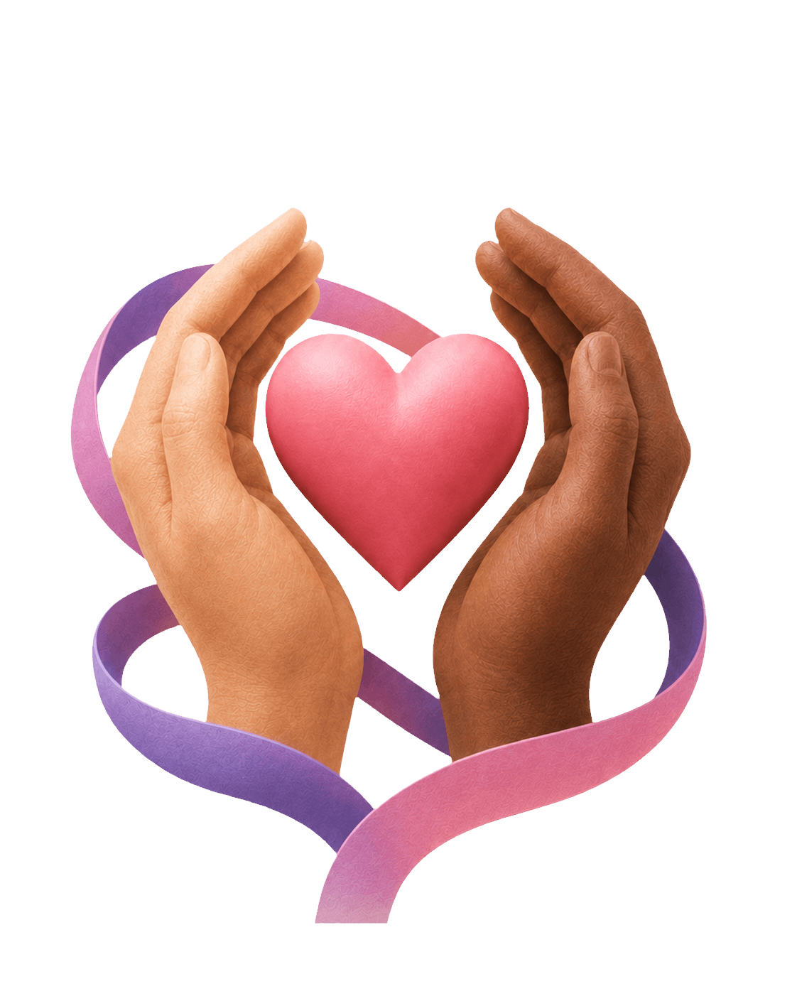 Two caring hands gently holding a heart in Call For Staff colours.
