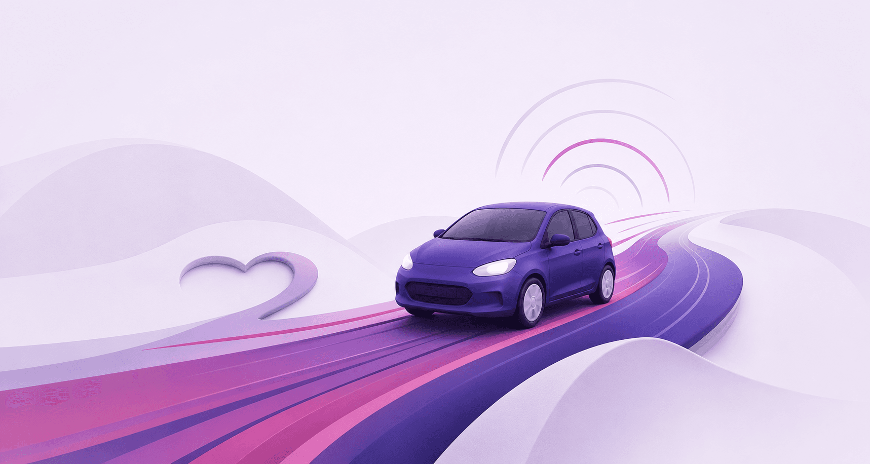 A purple car travelling along a flowing pink and purple route, representing responsive support.